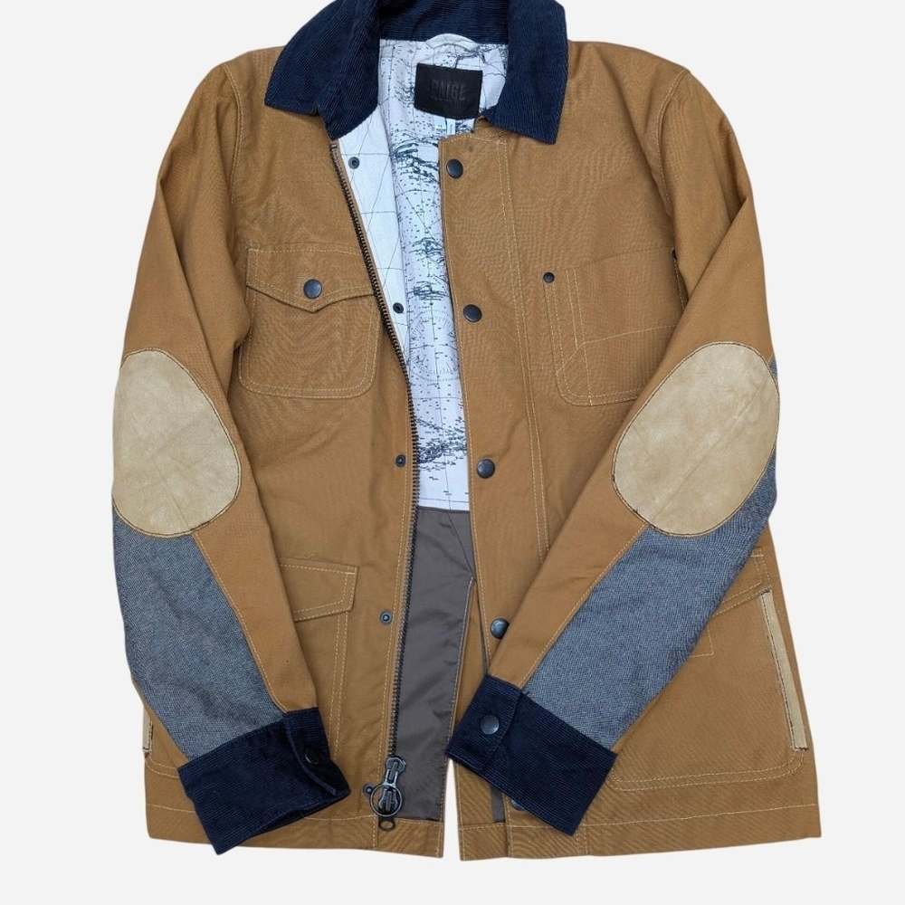 PAIGE Brown Tan Chore Coat Field Jacket with Navy Collar & Elbow Patches